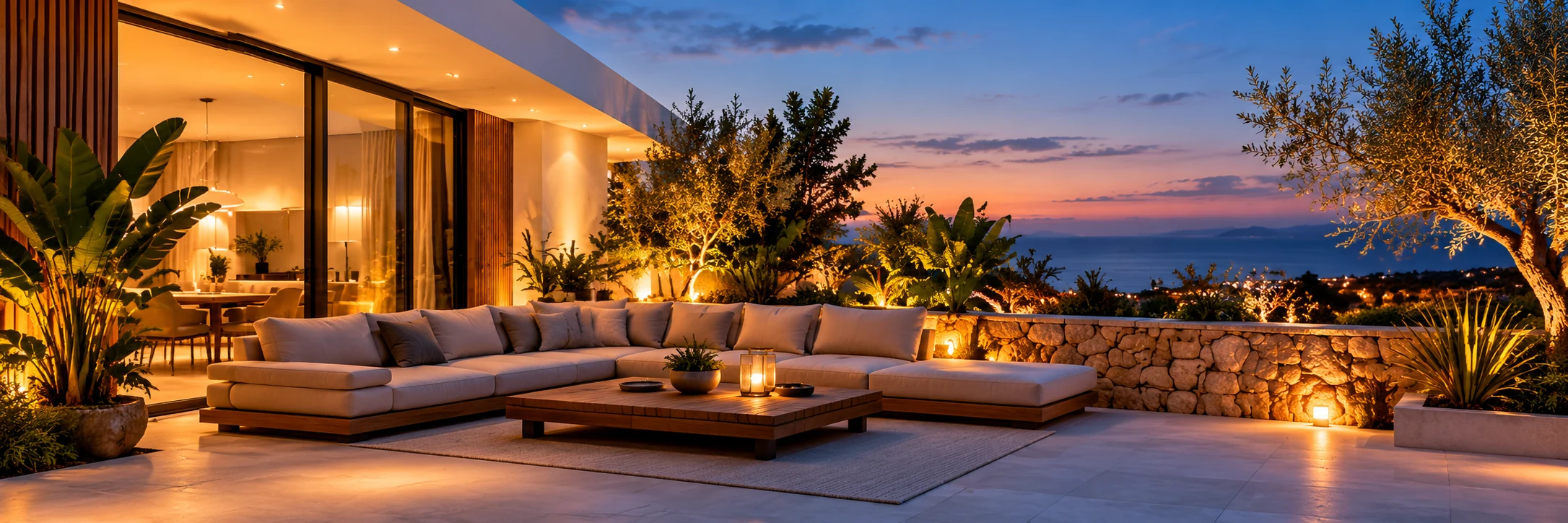 Terraço exterior ao entardecer